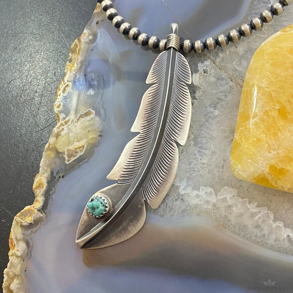 Billy Long Native American Sterling Oxidized Feather w/Turquoise Unisex Pendant - Picture 5 of 10